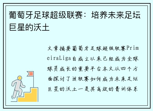 葡萄牙足球超级联赛:培养未来足坛巨星的沃土 葡萄牙足球超级联赛:培养未来足坛巨星的沃土